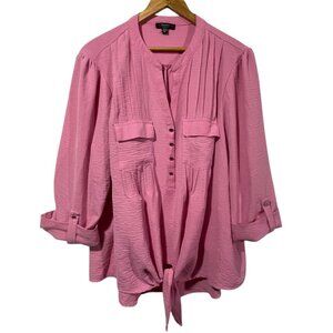 Cocomo Top Womens 2X Pink Crepe Tie Front Pin Tuck Lightweight Roll Tab Sleeve